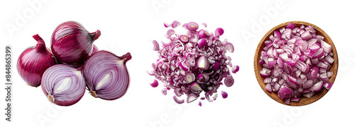 Red onion in various stages of preparation: whole bulbs, finely chopped pieces, and diced chunks in a wooden bowl.