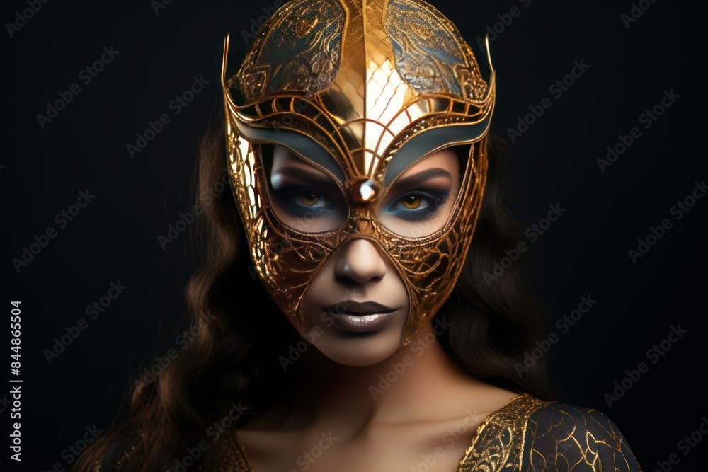 Portrait of a woman wearing a decorative golden mask with intricate designs on a dark background Portrait of a woman wearing a decorative golden mask with intricate designs on a dark background