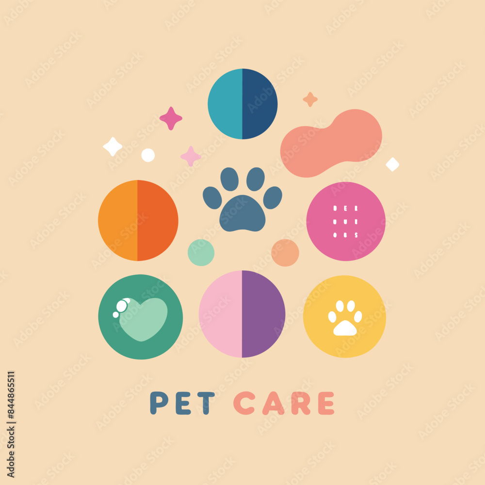 An abstract design featuring paw prints, a heart, and colorful circles on a light background, symbolizing pet care, A tranquil color palette with a hidden message about pet care An abstract design featuring paw prints, a heart, and colorful circles on a light background, symbolizing pet care, A tranquil color palette with a hidden message about pet care