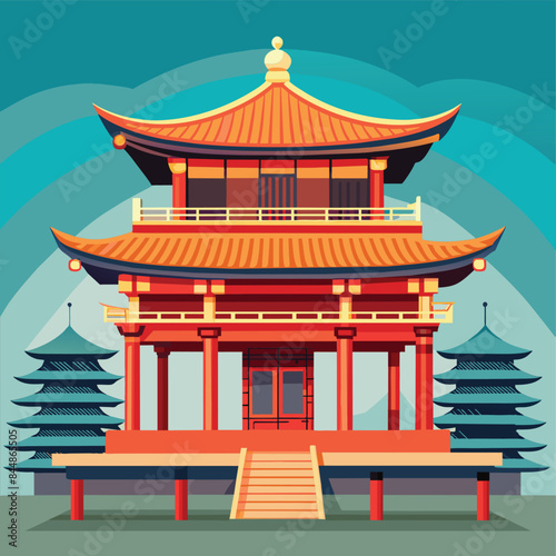 Traditional Japanese Temple Pagoda With Ornate Design and Surrounding Trees, A traditional Japanese temple design with a pagoda roof and wooden beams
