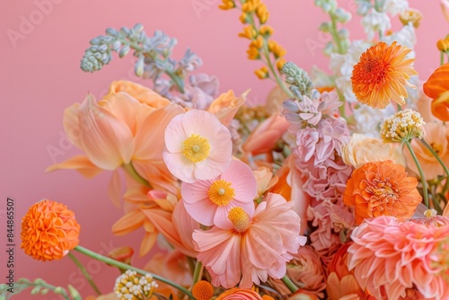 Blooming spring flowers on a pink background. Close-up of various beautiful spring flowers