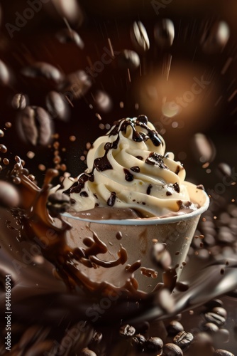 A cup of ice cream with splashes of chocolate cream and coffee beans. Vertical orientation