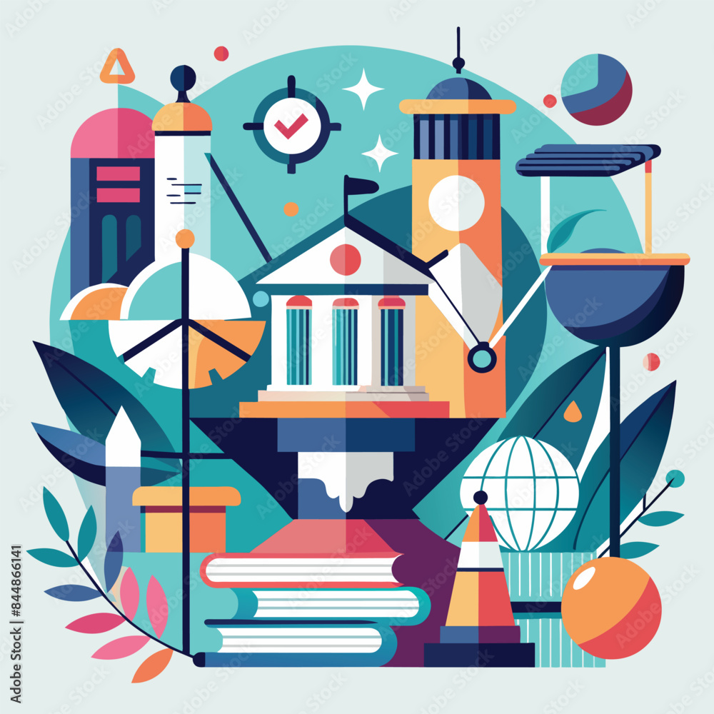 An abstract composition depicting a stylized university building, books, and other academic symbols, An abstract composition inspired by academia, using clean lines and limited color palette An abstract composition depicting a stylized university building, books, and other academic symbols, An abstract composition inspired by academia, using clean lines and limited color palette