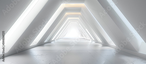 Empty Long Light Corridor. Modern white background. Futuristic Sci-Fi Triangle Tunnel. 3D Rendering