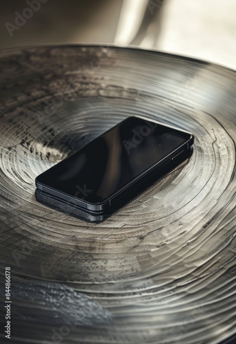 A black smartphone placed in the center of a metallic silver table. Vertical orientation