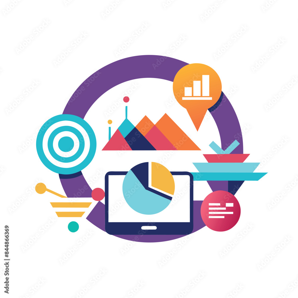 A colorful abstract icon depicting data analysis and strategy elements like charts, graphs, and a laptop, An abstract icon for a digital marketing company that values simplicity A colorful abstract icon depicting data analysis and strategy elements like charts, graphs, and a laptop, An abstract icon for a digital marketing company that values simplicity