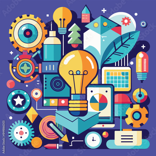 A colorful and abstract design depicting innovation and creativity with light bulbs, gears, and other shapes, An abstract design representing innovation and creativity in the tech industry