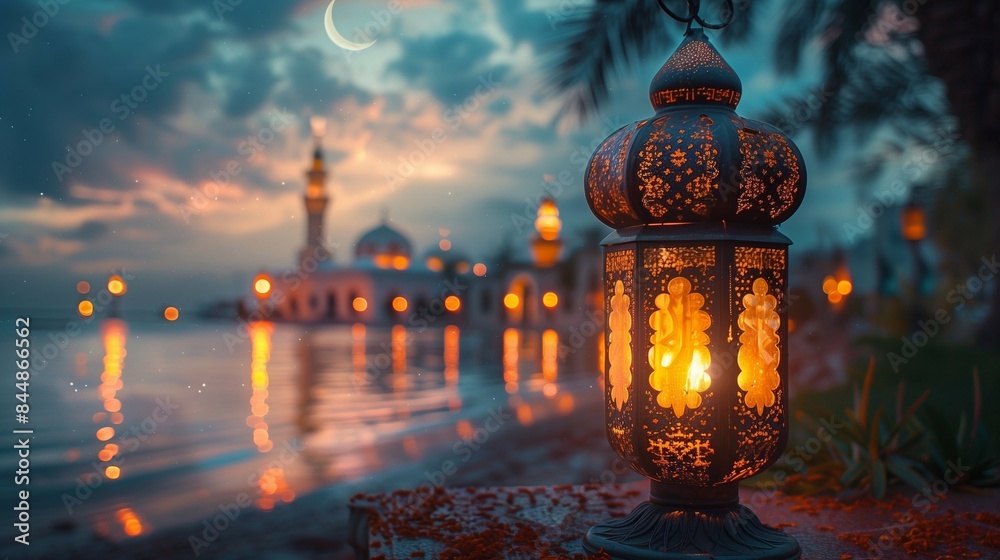 Eid mubarak and ramadan kareem greetings with islamic lantern on magical moody festive backdrop. Generative ai Eid mubarak and ramadan kareem greetings with islamic lantern on magical moody festive backdrop. Generative ai