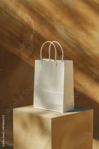 White paper shopping bag on top of podium isolated on brown background. Vertical orientation