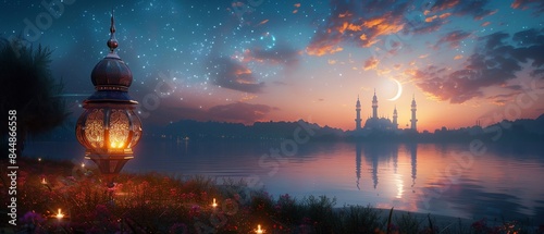 Eid mubarak and ramadan kareem greetings with islamic lantern on magical moody festive backdrop. Generative ai