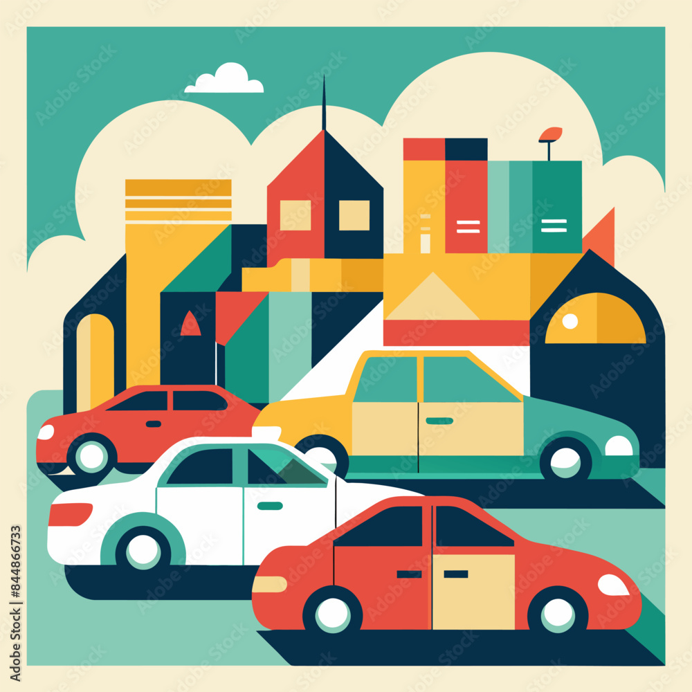 A stylized abstract cityscape with a focus on rental cars, An abstract representation of rental cars in a minimalist color palette A stylized abstract cityscape with a focus on rental cars, An abstract representation of rental cars in a minimalist color palette