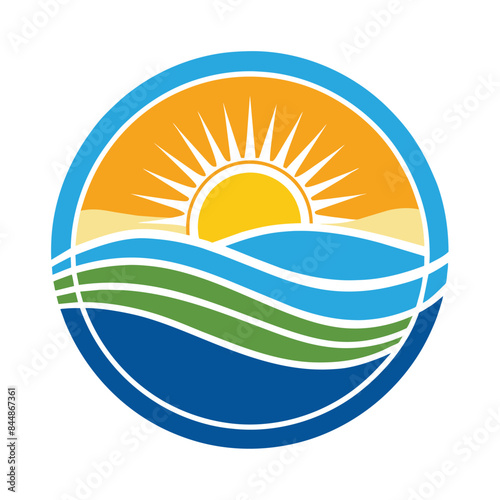 A stylized logo featuring a sun rising over a beach with waves, Beach or coast logo in simple sun and ocean shape