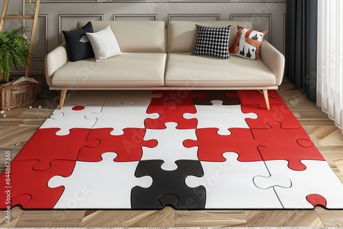 Living room interior with a red and white puzzle carpet near a beige sofa. Modern puzzle carpet