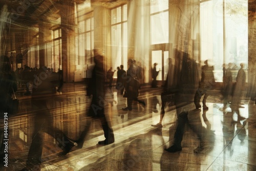 Blurred office workers walking in lobby. Motion blur effect. Business people walking in the office