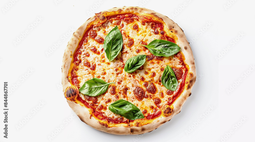 Top view of pizza garnished with basil leaves isolated on white background with clipping path Top view of pizza garnished with basil leaves isolated on white background with clipping path
