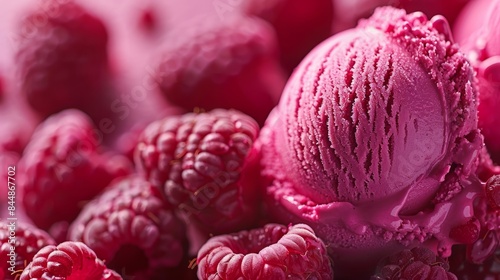A scoop of pink ice cream with raspberry. Detail of ice cream. Raspberry ice cream. Close up