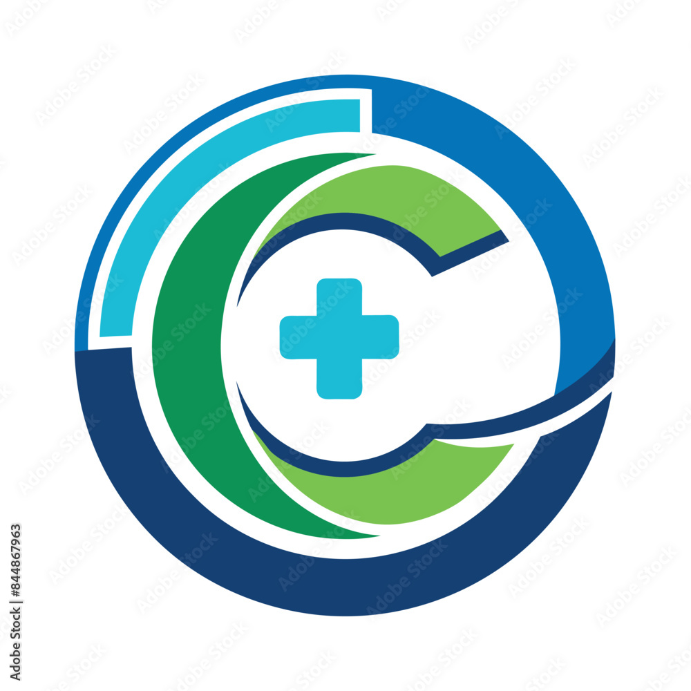 A vector illustration of a circular logo featuring a green and blue letter C with a plus sign in the center, Circular Letter C Medical Logo Health Icon Vector Logo Design A vector illustration of a circular logo featuring a green and blue letter C with a plus sign in the center, Circular Letter C Medical Logo Health Icon Vector Logo Design