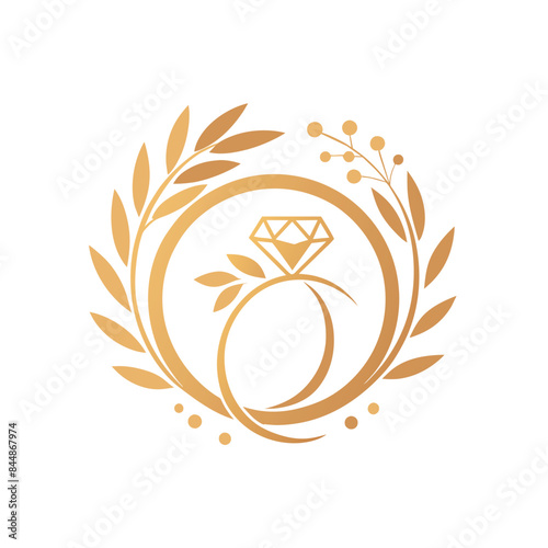 A logo featuring a gold ring with a diamond, encircled by laurel wreaths, Clean and elegant design for a wedding planning company
