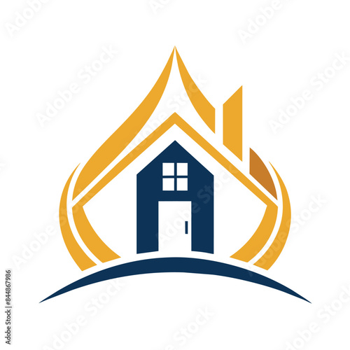 A clean and elegant logo featuring a stylized house with a golden droplet and a blue roof, Clean and elegant logo featuring a stylized house or building
