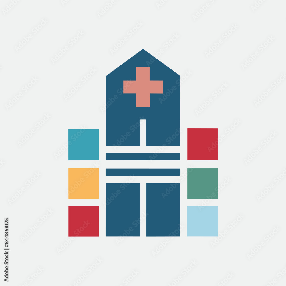 Obraz premium A simple icon depicting a hospital building with a red cross on the front and colorful square blocks on the sides, Clean lines and soft color palette for a timeless look