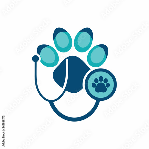 A stylized paw print with a stethoscope, in blue and teal hues, Clean, geometric design of a paw print and stethoscope