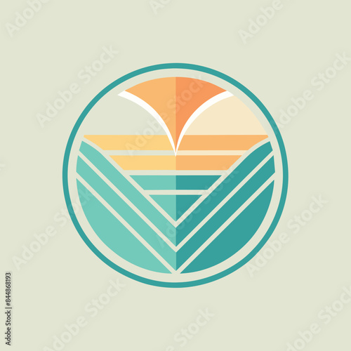 A stylized sunset design featuring geometric shapes in a calming color palette of teal, orange, and yellow, Clean lines and soft color palette for a timeless look