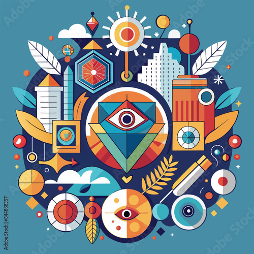 A Circular Collage of Abstract Geometric Shapes and Symbolic Elements on a Blue Background, Combining different design elements to create a cohesive and harmonious composition