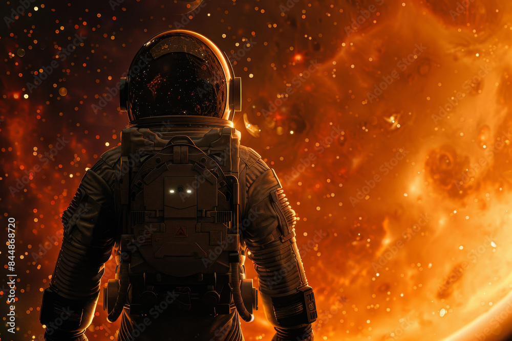 An astronaut's back view in space with an orange planetary background, wearing a astronaut suit in the colors