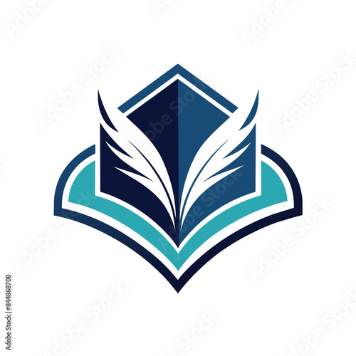 A digital graphic design depicting a logo for a book publisher featuring a blue and white abstract design with wings, Craft a clean and understated logo for a book publishing brand