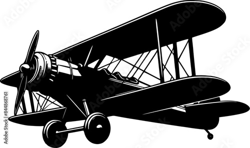 Silhouette of airplane, vintage flying plane illustration, biplane 