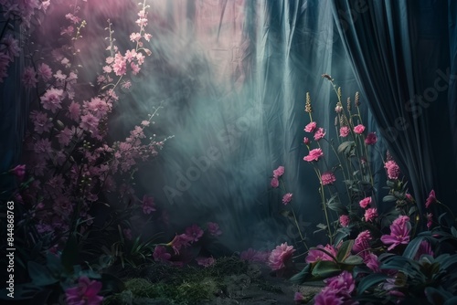 Mystical dark room decorated with pink flowers, hanging green fabric, artificial light and smoke