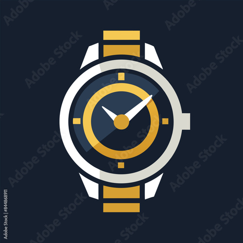 A minimalist logo design featuring a modern wristwatch with a white face, gold accents, and a dark blue background, Craft a minimalist logo representing a modern wristwatch