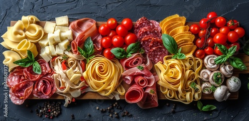Italian Inspired Appetizer Board With Pasta, Salami, and Cherry Tomatoes © yganko