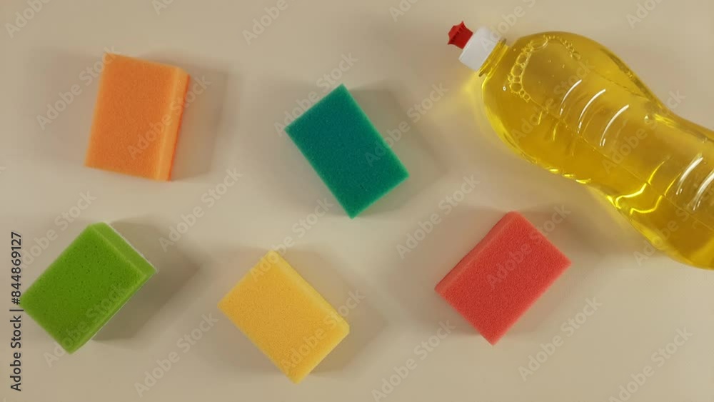 Background with kitchen sponges and cleaning detergent in bottle. Stop motion animation. Dishwashing set appears on beige background. Template for advertising cleaning service or hardware store.