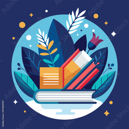 A simple, stylized graphic design for a book pub featuring books, leaves, and flowers, Craft a simple yet impactful design for a book publishing firm
