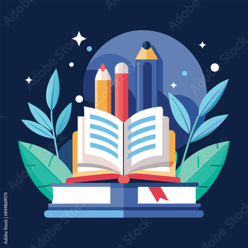 A simple yet impactful design for a book pub, featuring an open book, pencils, and leaves, Craft a simple yet impactful design for a book publishing firm