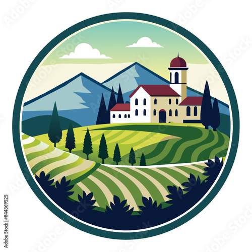 A logo for a vineyard resort featuring a farmhouse in a scenic mountain setting, Create a logo for a vineyard resort that embodies sophistication and simplicity