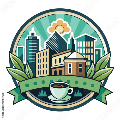 A vibrant and modern logo design with a stylized cityscape, a cup of coffee, and green foliage surrounding a circular frame, Create a logo that captures the essence of a bustling urban coffee shop