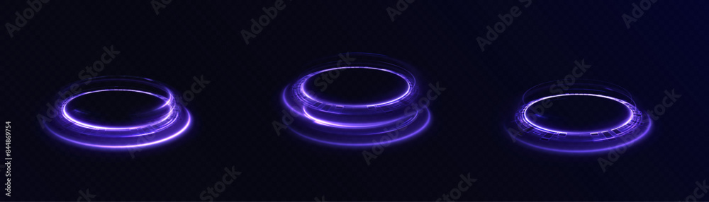 Glowing purple circle with bright neon lines. Illuminated podium for advertising, awards, award ceremonies, presentations. Glowing round bright frame. Glowing purple circle with bright neon lines. Illuminated podium for advertising, awards, award ceremonies, presentations. Glowing round bright frame.