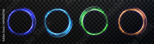 Glowing blue circle with bright neon lines. Illuminated podium for advertising, awards, award ceremonies, presentations. Glowing round bright frame.