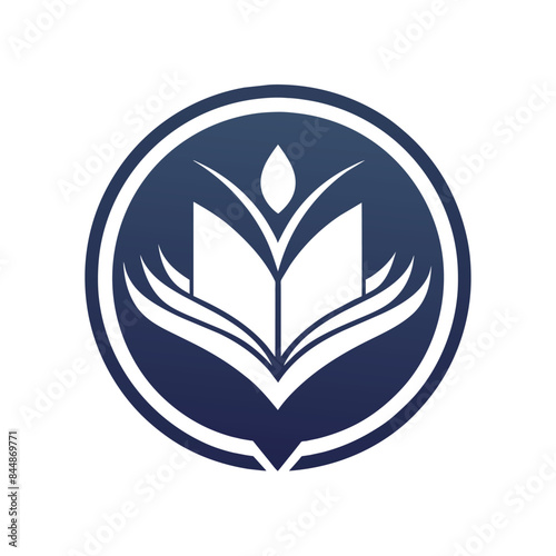 An emblem featuring a book with a stylized flower design, enclosed within a circle, Create a minimalist emblem for a literary company