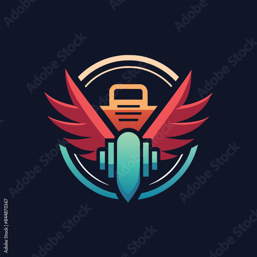 A stylized logo design for a fitness studio, featuring a pair of wings flanking a dumbbell and a circular element, Create a minimalist logo for an upscale fitness studio