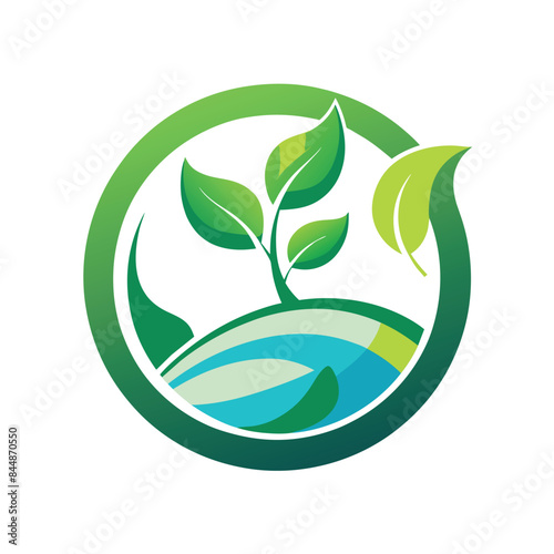 Minimalist Green Leaf Logo Design With Circular Frame and Water Representation, Create a minimalist logo that embodies the concept of sustainability