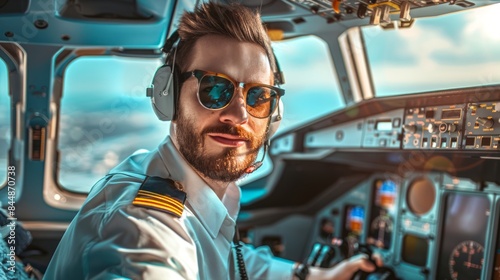 Caucasian male pilot in a cockpit with sunglasses concept of aviator, aircraft, aviation professional, cockpit controls © Jafree