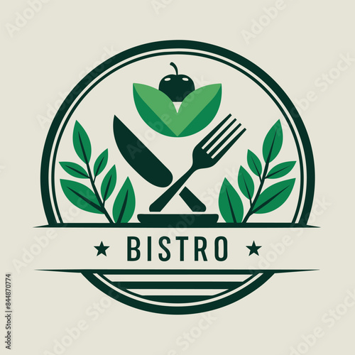 A minimalist logo design for a bistro, featuring a green circle with crossed fork and knife, leaves, and an apple, A sleek and modern design for a minimalist logo