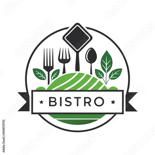 A minimalistic logo featuring a green hill, fork, knife, spoon, and leaves, surrounded by a black circle and a ribbon banner with the word BISTRO, A sleek and modern design for a minimalist logo