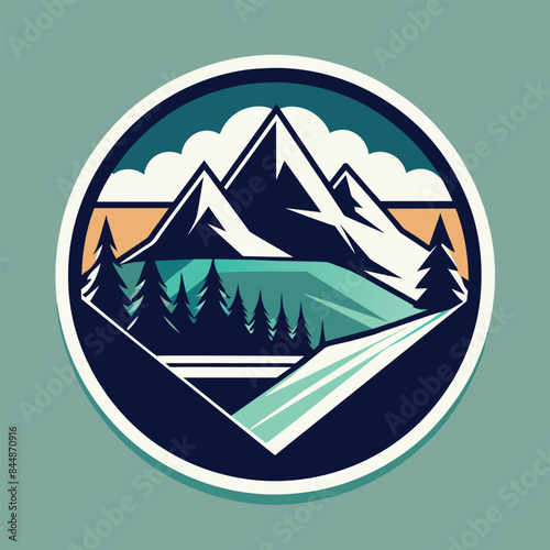 A stylized, circular logo depicts a snowy mountain range with pine trees and a river, perfect for a modern ski resort, Create a sleek and modern logo for a mountain resort