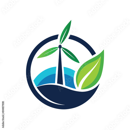 Circular symbol featuring a wind turbine, leaves, and water waves, representing a renewable energy company, Create a sleek symbol for a renewable energy company