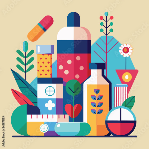 Colorful Abstract Illustration of Pharmaceutical Products With Floral Accents, Create an artistic representation of pharmaceuticals in a minimalist style