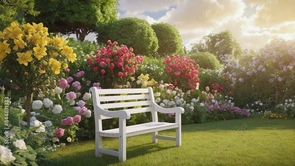 Beautiful garden setting with a wooden bench surrounded by flowers and trees Beautiful garden setting with a wooden bench surrounded by flowers and trees